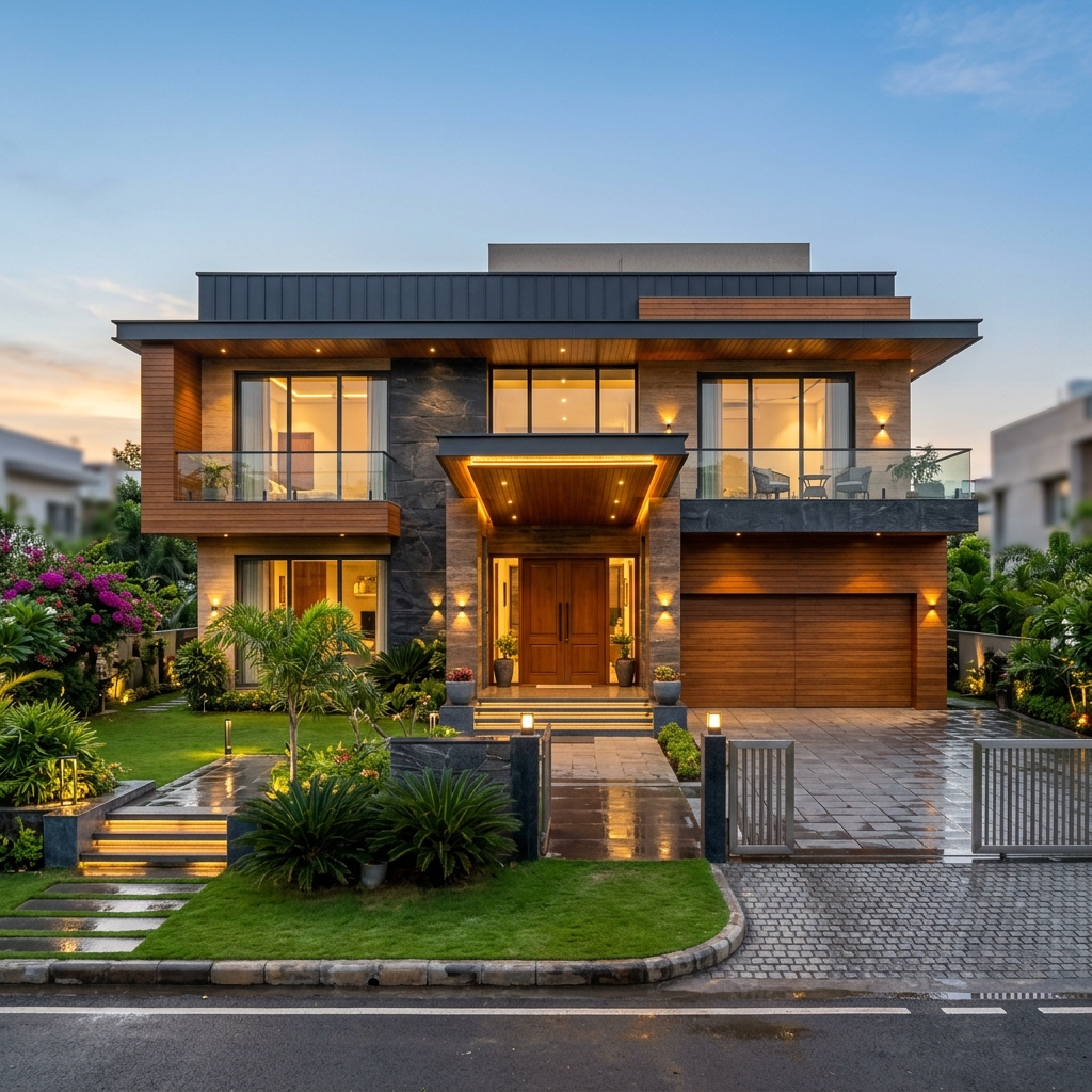 Modern contemporary front elevation of independent house constructed in Indore