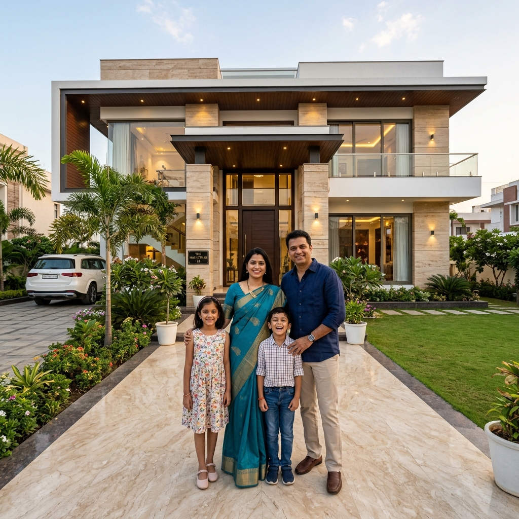 Luxury modern villa built by Sarovar Builders in Indore with happy family posing outside
