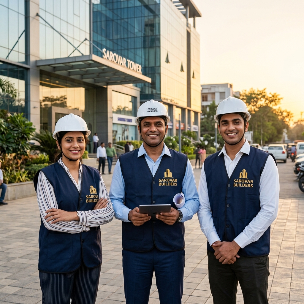 Sarovar Builders execution team standing on a residential house project site