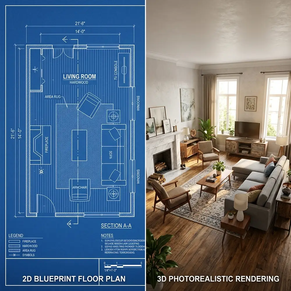 2D Floor Plan vs 3D Rendering