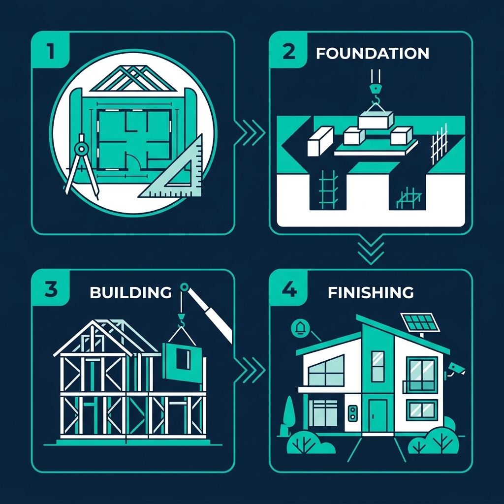 4-step process for smart home construction: Planning, Foundation, Building, and Finishing