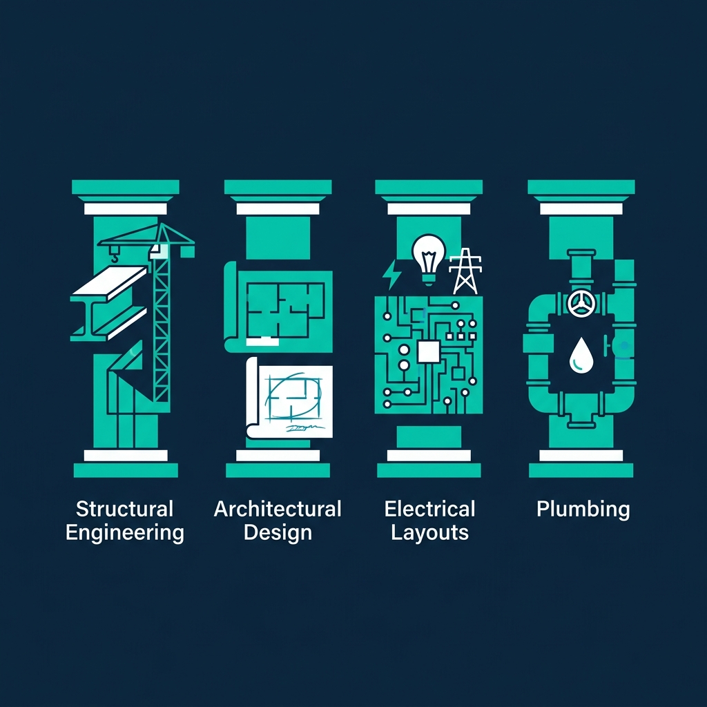 4 pillars of industrial construction: Structural Engineering, Architectural Design, Electrical Layouts, and Plumbing