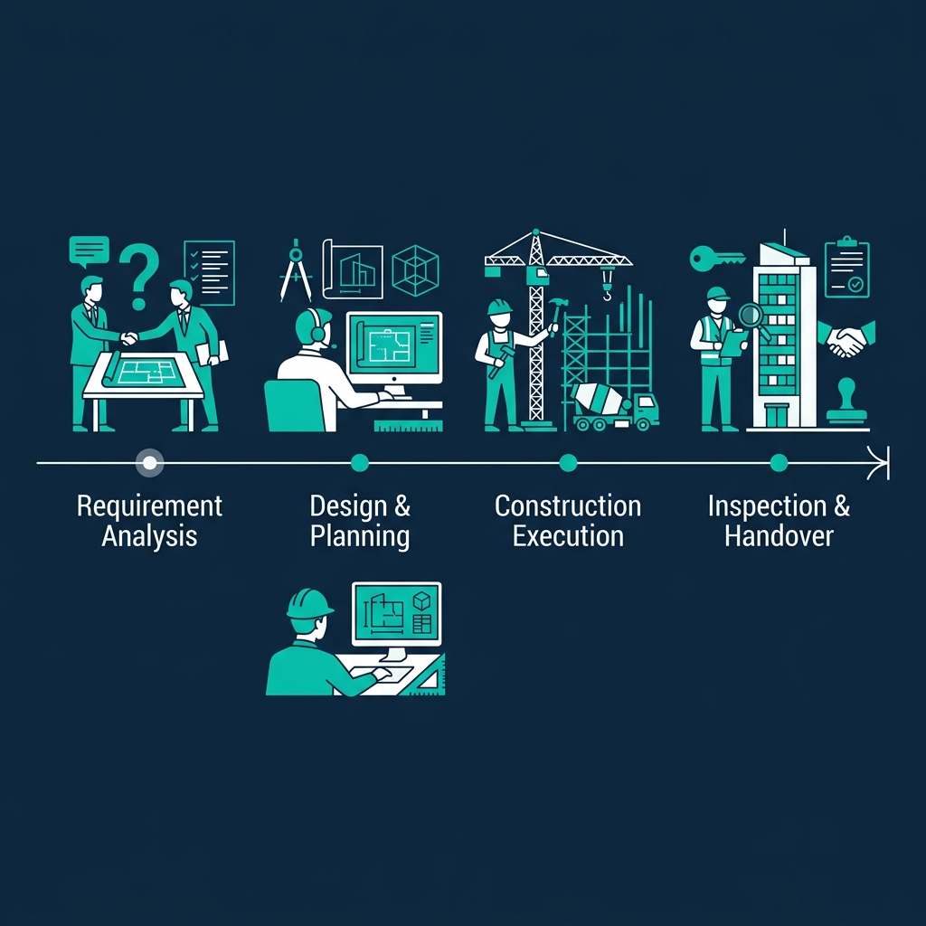 4 stages of office building construction: Requirement Analysis, Design & Planning, Construction Execution, and Inspection & Handover